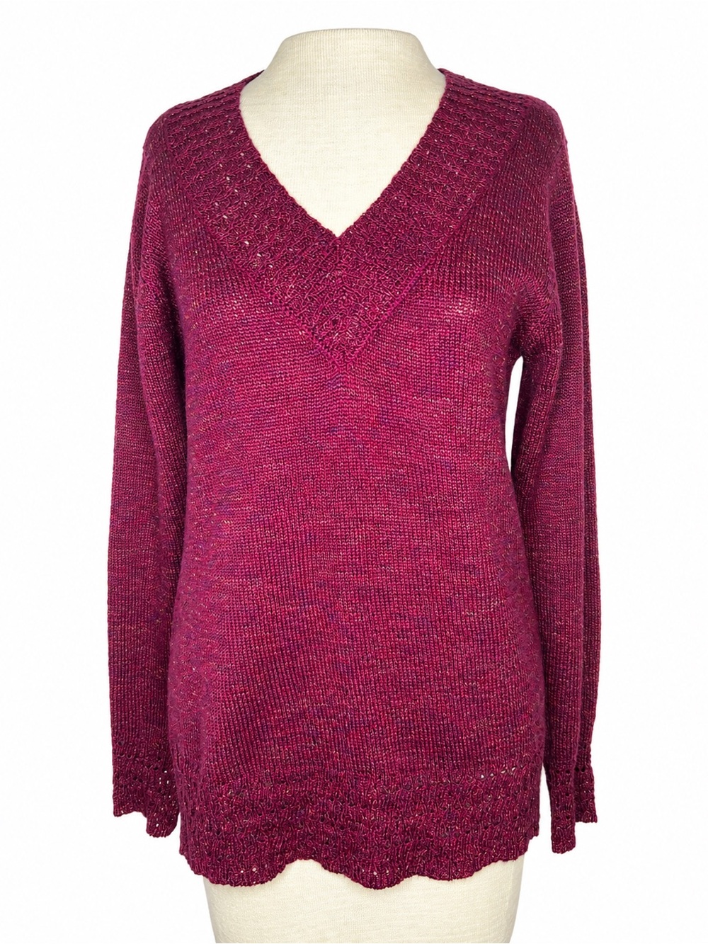 Laura Scott Women’s Marled Burgundy V-Neck Knit Sweater Long Sleeve Size M